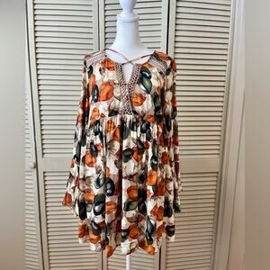 Jodifl Boho Hippie Retro Bell Sleeve Mini Dress Tunic Crochet Neckline M